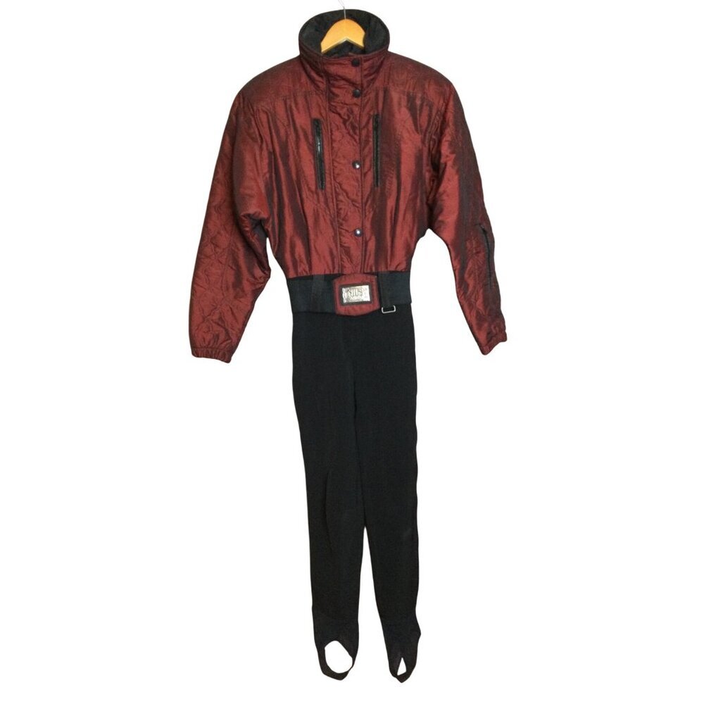 Vintage Nils Womens Ski Suit Stirrups Pockets Iridescent Burgundy Black Size 8